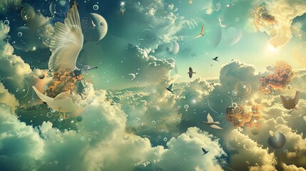 Dreamy Themes: Images evoking dreamlike atmospheres with elements such as clouds, stars, birds, and other symbols.