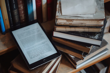 An artistic shot of a digital tablet displaying e-books or lecture notes, with sleek lines and minimalist design enhancing the study environment, minimalistic style, - obrazy, fototapety, plakaty