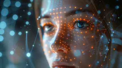 A close-up of a woman's face with digital biometric grid lines mapping her features, glowing points at key facial markers, set against a backdrop of abstract digital data.