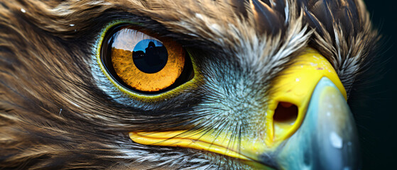 A close up of an eagles face with a yellow eye - Powered by Adobe
