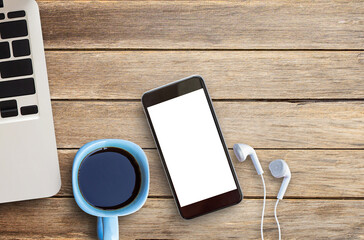 Close up smart phone,laptop computer and cup of coffee on brown old wood background