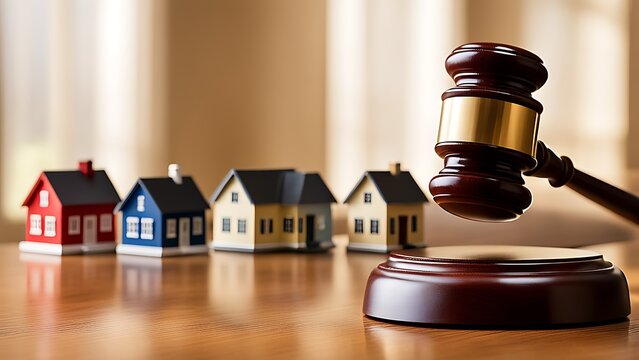 A judge’s gavel beside miniature houses, symbolizing property law