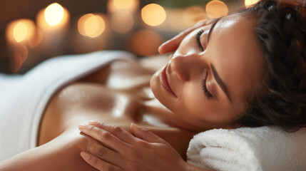 A relaxing scene of a woman receiving a calming massage in a serene spa environment with ambiance...