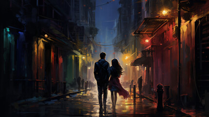 Couple walking in alley with colorful lights digital 