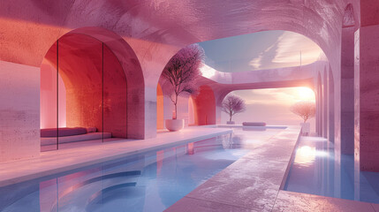 Modern abstract architectural design with arches and a calm reflective water feature at sunset. The space combines pink and purple hues, featuring seating areas and a serene ambiance.