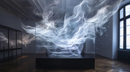 A modern art installation in a gallery featuring an illuminated abstract form contained within a transparent case.