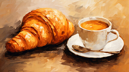 Cup of coffee and croissant oil paint drawing. 