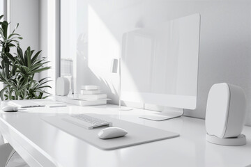AI Generated Image. White workplace with desktop monitor, soundbars, computer mouse and keyboard in futuristic office