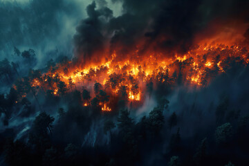 Fototapeta na wymiar danger forest fire in pine forest at night. Aerial top view