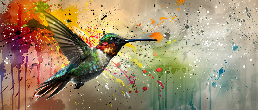 A colorful hummingbird flying in the air with paint sp