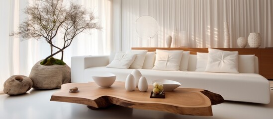 Modern living room with white sofa, wooden coffee table and lamp