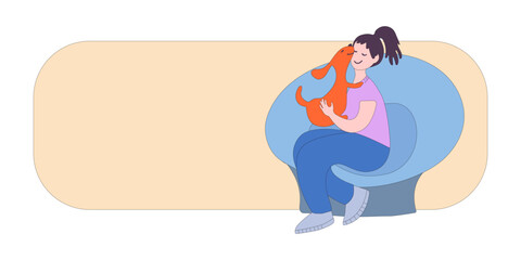 Happy woman with dog isolated on white background. People playing, hugging, cuddling with four-legged animal friends. Sample for banner for pet owner services and shop. Flat vector illustration...