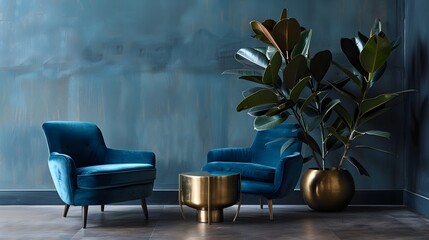 Urban Sophistication Minimalist Living Space with Blue Velvet Armchairs, Brass Accents, and a Sprawling Rubber Tree