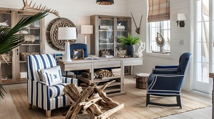 Tranquil Coastal Home Office Nautical Decor and Driftwood Accents Create a Soothing Maritime-Inspired Atmosphere