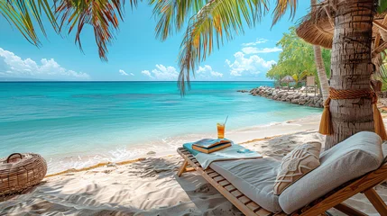 Fotobehang Tropical beach, blue sky, palm trees. Against the background of the ocean, a sun lounger, a beach towel, a book and a glass of drink. © Oleg Kolbasin