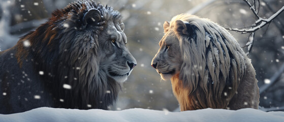 A couple of animals that are standing in the snow toge