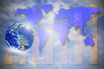 White globe with blue world map with financial graph.