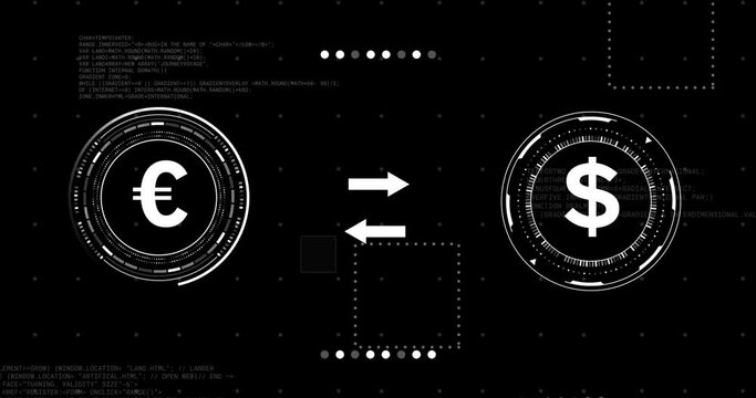 Animation of currency icons with data processing over black background