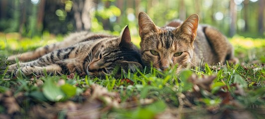 Naklejka na ściany i meble Cute dog and cat lie together in nature on green grass. generative ai