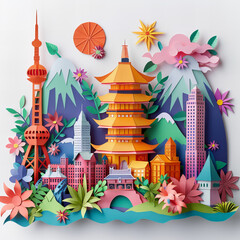 Popular place around the world by colorful papercut on white wallpaper 16