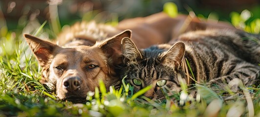 Cute dog and cat lie together in nature on green grass. generative ai