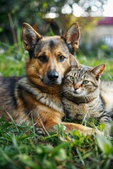 Naklejka premium Cute dog and cat lie together in nature on green grass. generative ai