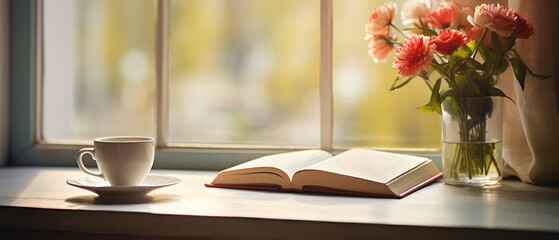 A cup of coffee and a book on a window sill with a win - obrazy, fototapety, plakaty