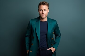 Portrait of a handsome man in a green jacket. Men's beauty, fashion.