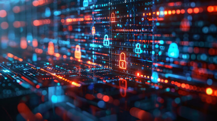 An abstract digital landscape illustrating a cybersecurity concept with glowing padlock icons, binary code, and network data flowing across the screen, representing protection in the digital space. - obrazy, fototapety, plakaty