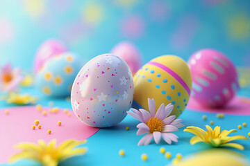 Fototapeta premium Easter eggs festival, pastel background colors charming, adorable, shiny,3D illustration concepts.