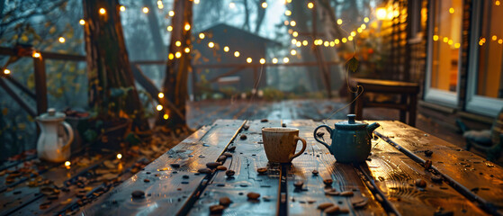 A cup of coffee on a wooden table with a teapot and po