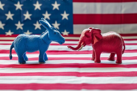 blue donkey and red elephant on a US flag background - democrats and republicans