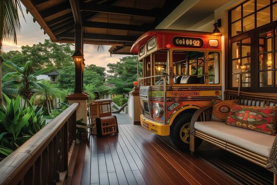 A Manila jeepney parade transforms the porch of a craftsman-style dwelling