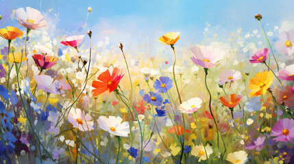 Digital oil painting of lush blooming summer meadow 