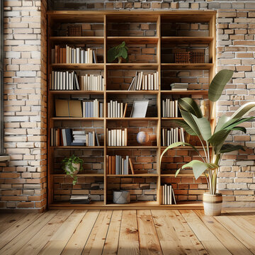 Wooden bookshelf in front of brick wall, wooden floos, houseplant. Minimalistic interion design.