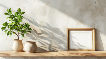 Fototapeta premium White wall. Wooden shelf with plant, vase and picture frame. Home interior. Minimalistic design