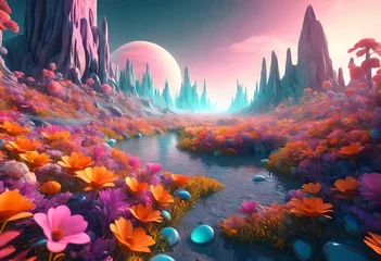 Raamstickers landscape with flowers and trees nature beauty captured tranquil scene mountain peak reflection © Ehtisham