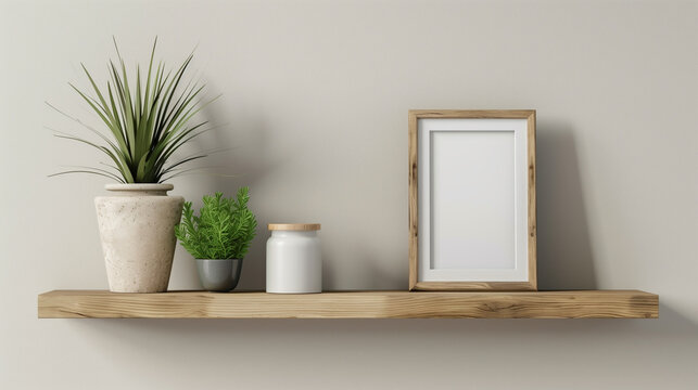 White wall. Wooden shelf with plant, vase and picture frame. Home interior. Minimalistic design