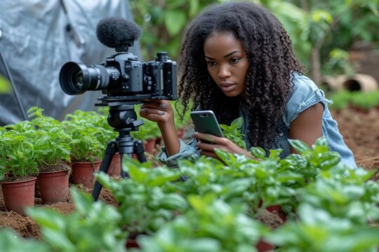 A woman is capturing plants in a greenhouse using a camera