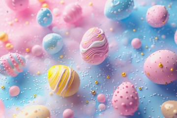 Fototapeta na wymiar Easter eggs festival, pastel background colors charming, adorable, shiny,3D illustration concepts.