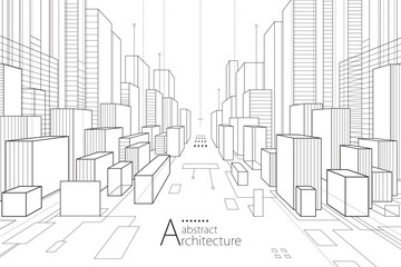 3D illustration, abstract modern urban landscape line drawing, imaginative architecture building construction perspective design.
