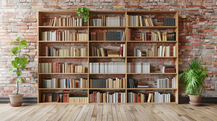 Wooden bookshelf in front of brick wall, wooden floor, houseplant. Minimalistic interior design.