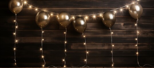 golden balloons with garland on wooden background