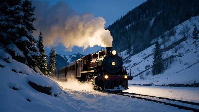 Vintage steam locomotive on a snowy mountain road.