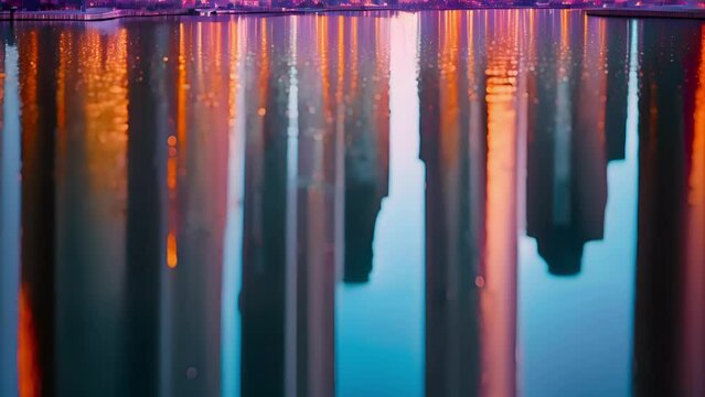 A dazzling display of illuminated highrise buildings reflecting off the calm waters of a nearby river.