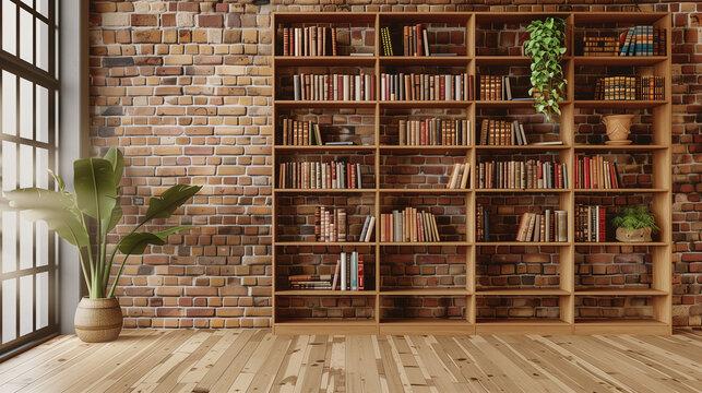 Wooden bookshelf in front of brick wall, wooden floor, houseplant. Minimalistic interio design.