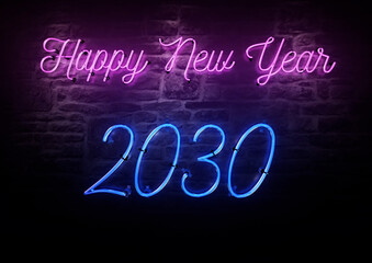 Bright Pink Neon sign that says Happy New Year 2030 on a brick wall background