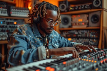 Musician in studio playing keyboard with headphones - obrazy, fototapety, plakaty