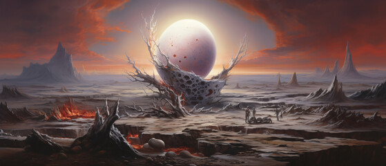 Dragons egg in dramatic landscape fantasy painting