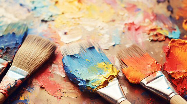 Dirty paint brushes. Artists brushes and oil paints 
